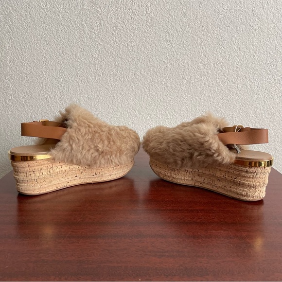 NWOT Chloe Camille Wedge Mules Fur Cork Leather Beige Sandals Shoes - Picture 5 of 13